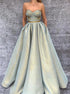 A Line Sweetheart Green Satin Floor Length Prom Dresses LBQ0890